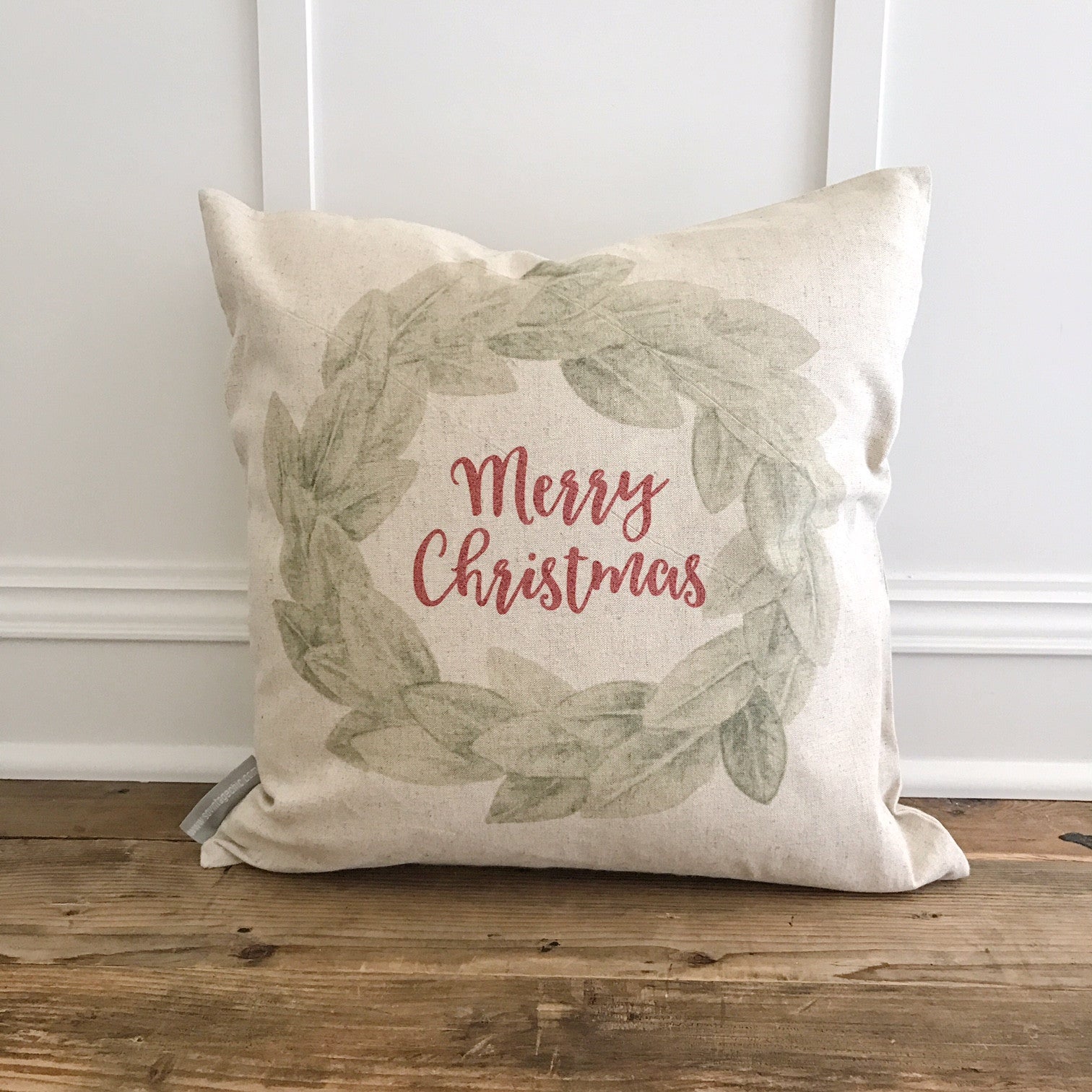 Merry Christmas Magnolia Wreath Pillow Cover Linen and Ivory